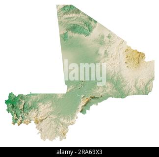 Mali. Rendu 3D très détaillé de la carte de relief ombré avec les rivières et les lacs. Coloré par élévation. Arrière-plan blanc pur. Données satellite. Banque D'Images