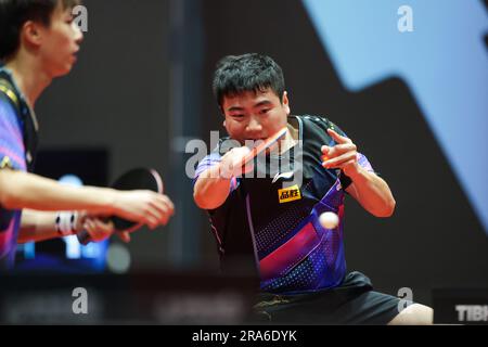 Zagreb, Croatie. 01st juillet 2023. ZAGREB, CROATIE - JUILLET 1 : Liang Jingkun de Chine concourt pendant le match semi-fin des doubles hommes entre Lin Gaoyuan/Liang Jingkun de Chine et Kwan Man Ho/Li Hon Ming de Hong Kong lors du concours WTT Zagreb 2023 à Dom Sportova on 01 juillet 2023 à Zagreb, en Croatie. Photo: Luka Stanzl/Pixsell crédit: Pixsell/Alay Live News Banque D'Images