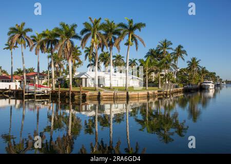 Fort Lauderdale, Floride, États-Unis. Vue sur la voie navigable tranquille dans le district de Nurmi Isles, tôt le matin, palmiers royaux reflétés dans l'eau calme. Banque D'Images