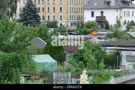 Leipzig, Allemagne. 01st juillet 2023. Vue sur les parcelles de l'association de jardins Schreber-Hauschild e. V. dans le nord de la ville. Le site, qui date de 1884, est le lieu du jour du jardin de Leipzig. Credit: Sebastian Willnow/dpa/Alay Live News Banque D'Images