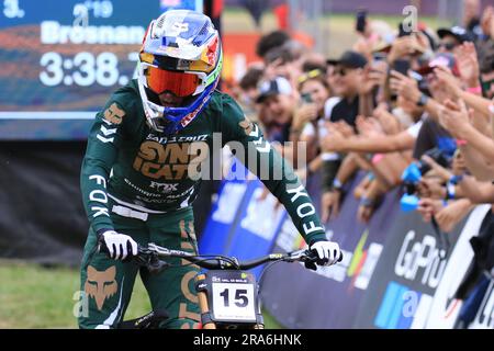 1st juillet 2023, Daolasa di Commezzadura, Val di Sole, Trentin, Italie; Coupe du monde UCI Mountain Bike ; course de descente, Jackson Goldstone (CAN) Banque D'Images