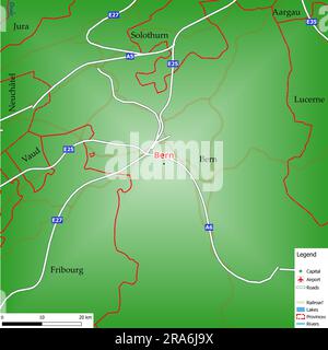 Carte de la capitale Berne avec les rues principales, les rivières, les lacs, les zones urbaines et les noms des comtés à proximité Banque D'Images
