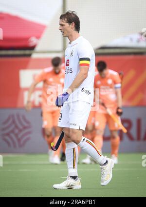 Anvers, Belgique. 01st juillet 2023. Felix Denayer de Belgique semble abattu après un match de hockey entre l'équipe nationale belge des Red Lions et des pays-Bas, match 10/12 dans l'étape de groupe de la Ligue professionnelle des hommes FIH 2023, samedi 01 juillet 2023 à Anvers. BELGA PHOTO VIRGINIE LEFOUR crédit: Belga News Agency/Alay Live News Banque D'Images