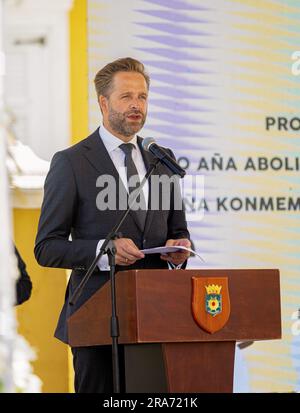 KRALENDIJK - Ministre Hugo de Jonge (logement public et aménagement du territoire) pendant la commémoration de l'esclavage à Bonaire. Sur Keti Koti, on se souvient qu'il y a exactement 150 ans, l'esclavage a pris fin sous le régime hollandais. ANP STEPHAN KOGELMAN pays-bas sortie - belgique sortie Banque D'Images