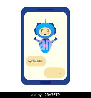 Chatbot au téléphone est heureux d'exclame que nous l'avons fait. Question répondant assistant virtuel, intelligence artificielle. Assistant intelligent dans une application mobile. Illustration de Vecteur
