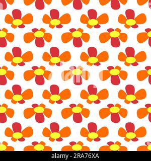 Motif fleuri brillant sans couture sur fond blanc. Fleurs aux pétales d'orange et de rouge. Illustration vectorielle plate colorée. Impression ou texture de l'emballage o Illustration de Vecteur