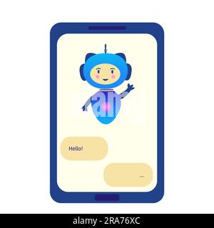 Chatbot sur le téléphone salue et les vagues. Question répondant assistant virtuel, intelligence artificielle. Assistant intelligent dans une application mobile. Coloré Illustration de Vecteur