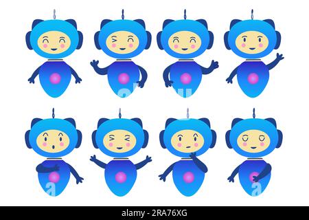 Ensemble de petits robots avec des émotions différentes, des robots de chat ou de l'intelligence artificielle. Humanoid dans le cyberespace, assistant d'application. Vecteur coloré isolé malade Illustration de Vecteur