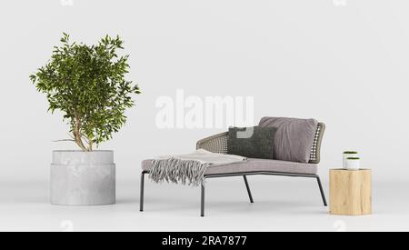 Rendu 3d de chaise longue grise avec petit arbre et table basse dans un scénario de fond blanc. Éclairage de studio Banque D'Images