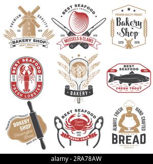 Ensemble de badges de boulangerie et de fruits de mer. Vecteur. Pour emblème, panneau, patch, chemise, menu restaurants avec rollpin, moulin à vent, épis de blé, thon, truite, crevettes Illustration de Vecteur