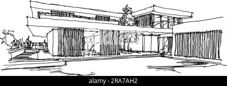 croquis architecturaux dessinés à la main d'une maison individuelle moderne de deux étages avec toit plat et personnes autour Banque D'Images