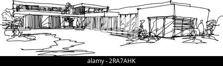 croquis architecturaux dessinés à la main d'une maison individuelle moderne de deux étages avec toit plat et personnes autour Banque D'Images