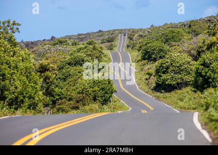 Souvent appelé le côté arrière de Hana ou Kaupo, la route coupe un cours de zigzag en sections à travers un paysage rugueux, souvent sec, aride avec Hawaiia Banque D'Images