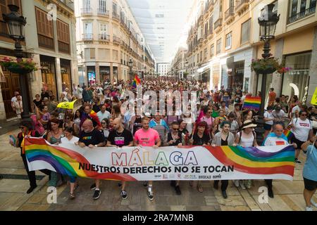 Malaga, Espagne. 01st juillet 2023. Une vue générale montre les manifestants tenant une grande bannière et prenant part à la manifestation de la fierté LGTBIQ. Sous le slogan : "nos droits sont intouchables" des centaines de personnes ont défilé le long des rues principales en faveur des droits de LGTBIQ et contre l'homophobie et la transphobie, dans le cadre des célébrations de la fierté crédit: SOPA Images Limited/Alamy Live News Banque D'Images