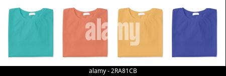 Ensemble de t-shirts élégants sur fond blanc, vue du dessus Banque D'Images