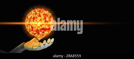 Soleil artificiel. Une main robotique de l'IA transportant une boule d'énergie propre et élevée qui soutient une réaction de fusion nucléaire et génère du plasma chaud. Banque D'Images