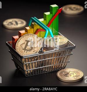 Croissance du concept de prix BTC bitcoin. Panier rempli de pièces de monnaie en bitcoin avec tableau. 3d illustration Banque D'Images