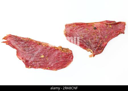 Vue de dessus des tranches de viande d'agneau sèche en jerky Banque D'Images