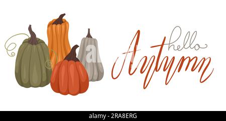 Citation bonjour automne. Carte vectorielle horizontale avec composition de citrouilles et lettrage sur fond blanc. Bannière d'automne confortable avec des légumes Illustration de Vecteur