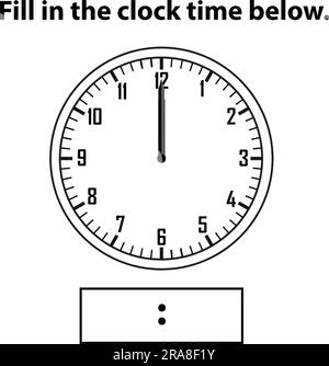 Horloge analogique. Quelle est l'heure, écrivez l'horloge d'apprentissage et la feuille de calcul mathématique. Fiches de travail sur la pratique du temps pour les enfants. Apprentissage de l'horloge analogique. Illustration de Vecteur