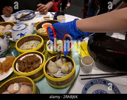 Femme main avec des gants tenant des ciseaux et coupant des boulettes sur une table pleine de plats Yumcha. Stylo et commander du papier sur la table. Banque D'Images