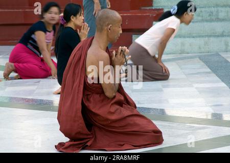 Priant les bouddhistes, Temple de Bouddha Konagamana, Pagode Shwedagon, Yangon, Birmanie, Myanmar, Rangoon Banque D'Images