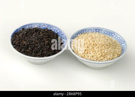 Graines blanches et noires (Sesamum indicum) en coquilles Banque D'Images