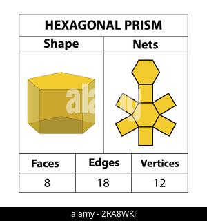 Filets, faces, arêtes et sommets à prisme hexagonal. Les figures géométriques sont isolées sur fond blanc. Filets géométriques de 3D formes. en mathématiques. Illustration de Vecteur