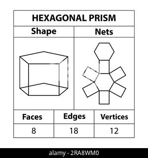 Filets, faces, arêtes et sommets à prisme hexagonal. Les figures géométriques sont isolées sur fond blanc. Filets géométriques de 3D formes. en mathématiques. Illustration de Vecteur