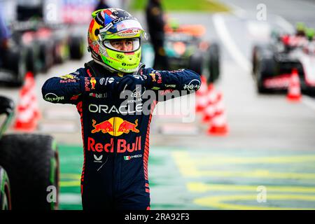 Sergio Perez, pilote mexicain de la course Oracle Red Bull Racing, réagit après la course de sprint pendant le week-end du Grand Prix autrichien de F1 au Red Bull Ring, à Spielberg, en Autriche, sur 1 juillet 2023. Crédit: Jure Makovec/Alay Live News Banque D'Images