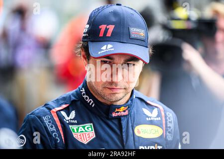 Sergio Perez, pilote mexicain de la course Oracle Red Bull Racing, réagit après la course de sprint pendant le week-end du Grand Prix autrichien de F1 au Red Bull Ring, à Spielberg, en Autriche, sur 1 juillet 2023. Crédit: Jure Makovec/Alay Live News Banque D'Images