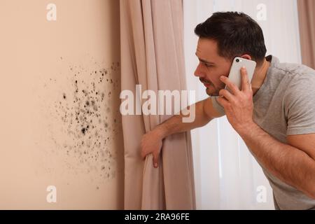 Service de dépose du moule. Homme parlant au téléphone et regardant le mur affecté dans la chambre Banque D'Images