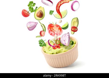 Délicieux guacamole avec des ingrédients volants sur fond blanc Banque D'Images