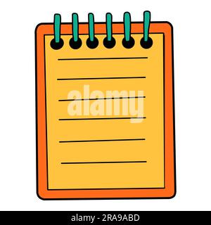 Dessin animé d'un livre publicitaire d'école dans un style rétro Doodle. Rentrée papeterie élément bloc-notes lumineux audacieux. Fournitures classiques pour l'éducation des enfants ou Illustration de Vecteur