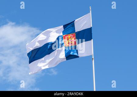 Suomen valtiolippu liehuu Valtioneuvoston linnassa|||drapeau d'Etat finlandais volant à Helsinki Banque D'Images