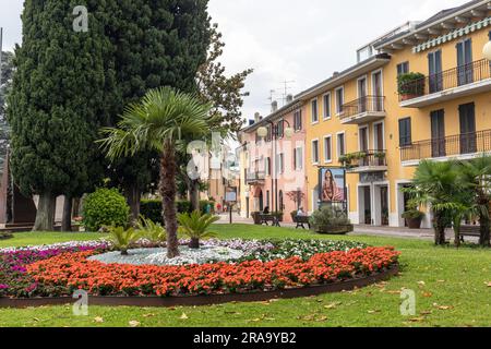 Via Roma à Desenzano avec magasins, bâtiments colorés et exposition florale, Desenzano del Garda, Lac de Garde, Italie, Europe Banque D'Images