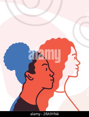 Deux femmes multiethniques. Journée des femmes. Illustration vectorielle, bannière ou affiche. Illustration de Vecteur