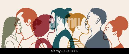 Grand groupe de personnes en profil. Illustration vectorielle dessinée à la main. Illustration de Vecteur