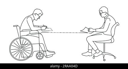Personne handicapée sur le lieu de travail, réunion d'affaires. Illustration vectorielle dessinée à la main. Illustration de Vecteur