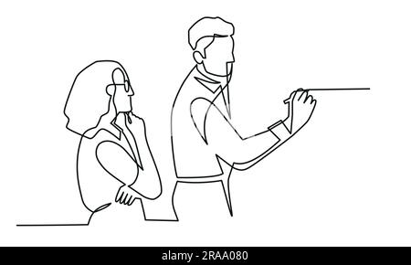 Homme et femme travaillant ensemble. Une mise en plan de ligne continue. Illustration de Vecteur