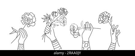 Ensemble de mains de femmes tenant de belles fleurs. Illustration vectorielle dessinée à la main. Illustration de Vecteur