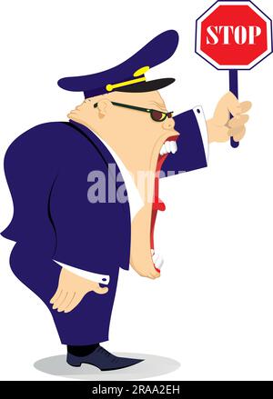 Caricature policier. Crier un agent de la police de la circulation tenant un panneau d'arrêt Illustration de Vecteur