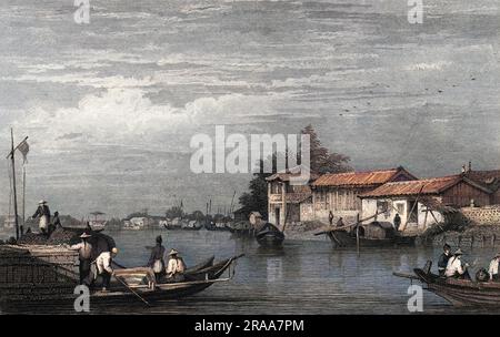 Scène de la rivière avec des bateaux indigènes. Date: Vers 1840 Banque D'Images