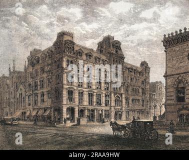 Le bâtiment de l'Association chrétienne des jeunes hommes à New York, 1882. Le bâtiment a été érigé en 1869 pour un coût d'un demi-million de dollars, en vue de répondre non seulement aux besoins spirituels des jeunes hommes, mais aussi à leurs besoins mentaux et physiques. Date: 1882 Banque D'Images