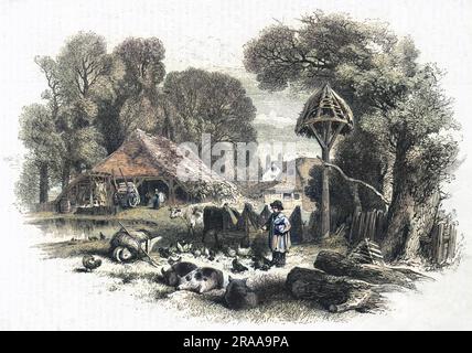 Un fermier nourrit ses poulets parmi les vaches et les cochons en liberté dans sa ferme. Date : c. 1860 Banque D'Images