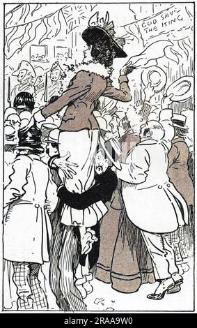 Jones ne voyait rien lui-même, mais sa femme avait une excellente vue. Un mari désintéressé tient sa femme en altitude afin qu'elle puisse voir au-dessus de la foule pour regarder la procession du couronnement du roi Édouard VII Date: 1902 Banque D'Images