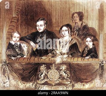 Queen Victoria (1819 - 1901), Prince Albert (1819 - 1861), et leurs deux enfants Vicky Princess Royal (1840 - 1901), plus tard l'impératrice allemande, et Edward Prince of Wales (1841 - 1910) (plus tard Edward VII), visitez l'Amphithéâtre d'Astley, à Londres. Date: 1846 Banque D'Images