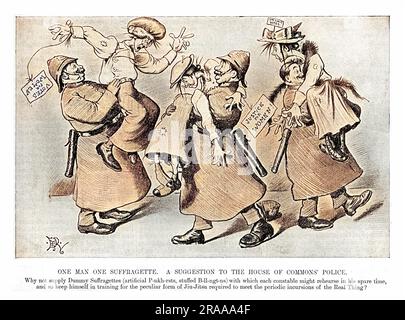 Caricature, un homme, une suffragette : une suggestion à la police de la Chambre des communes. Pourquoi ne pas garder les Suffragettes Dummy (Pankhursts artificiels, bourré de Billingtons), avec lesquels chaque constable pourrait répéter dans son temps libre, et ainsi se garder en formation pour cette forme particulière de jiu-jitsu nécessaire pour rencontrer les incursions périodiques de la vraie chose? Date: 1907 Banque D'Images