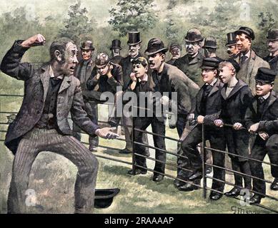 Le porte-parole socialiste (à gauche) se tenant à Hyde Park un dimanche après-midi, Londres. La légende originale de cette image est la suivante : 'le socialisme à Londres : un croquis à Hyde Park le dimanche après-midi. « Ce n'est pas une bonne chose de discuter avec vous ; vous êtes trop pachydermatose pour voir quoi que ce soit ». Date: 1892 Banque D'Images