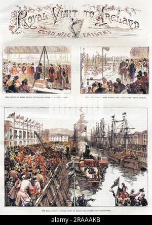 Trois scènes de la visite royale du prince et de la princesse de Galles (plus tard le roi Edouard VII et la reine Alexandra de Grande-Bretagne) : le prince de Galles posant la pierre de fondation d'un musée, Dublin. La princesse de Galles nommant le bassin Alexandra. La fête royale à bord du bateau à vapeur pour Queenstown. Date : avril 1885 Banque D'Images